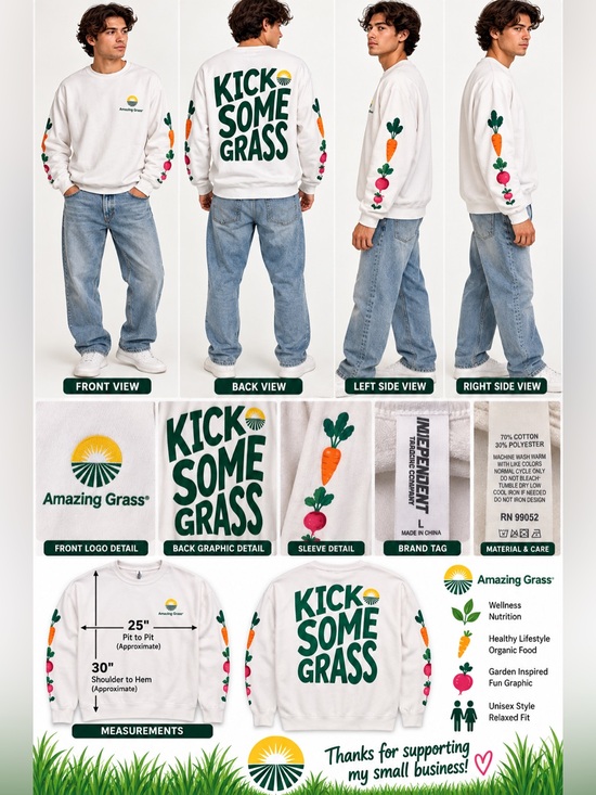 Independent Trading Company Tops - Amazing Grass Kick Some Grass Graphic Crewneck Sweatshirt Men’s Large White